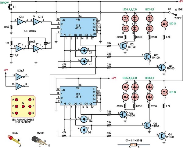 Single-Dual digital LED dice circuit – Circuit Schematic