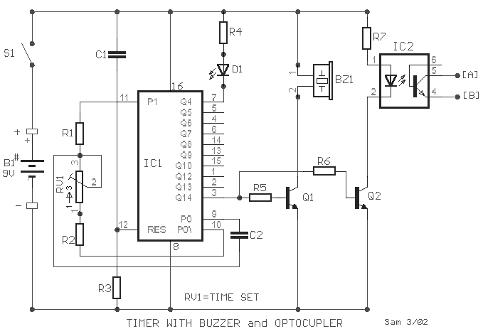 Timer with buzzer and optocoupler circuit