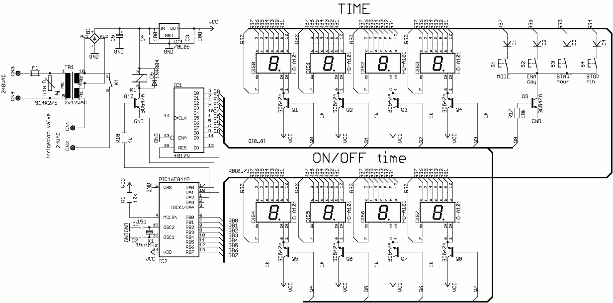 Greenhouse irrigation controller ( PIC16F84 ) – Circuit Schematic