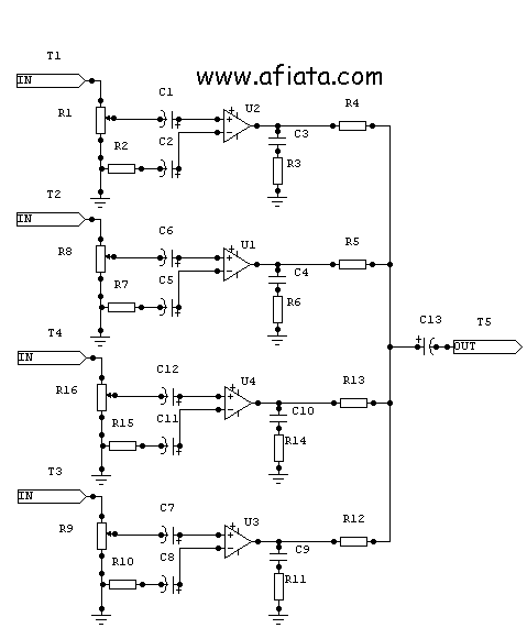 4 channel audio mixer circuits using ic ca3048 – Circuit Schematic