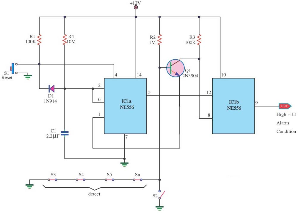 burglar alarm circuits with timer delay – Circuit Schematic