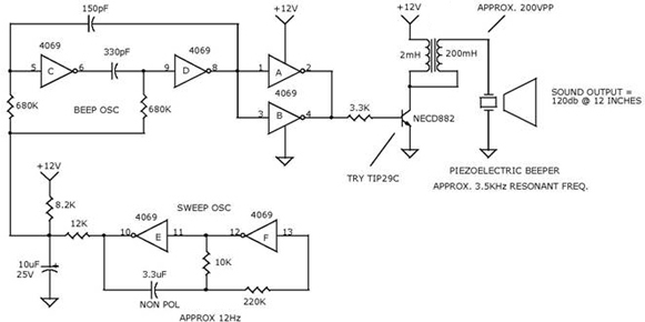 sweeping tone alarm beeper – Circuit Schematic