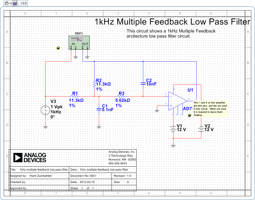1khz multiple feedback low pass filter circuit