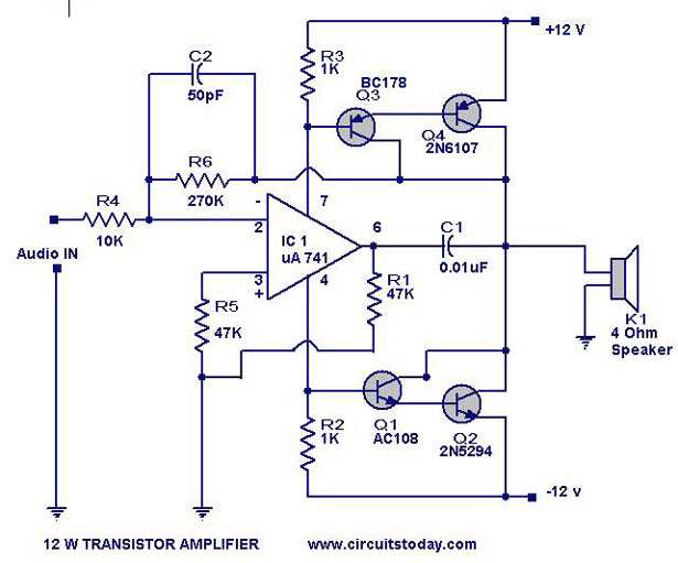 Transistor Amplifier Circuit with Diagram for 12 Watts circuit