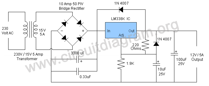 12v 5a power supply using lm338 circuit