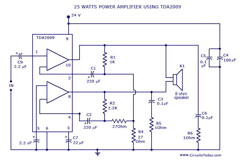 Power AmplifierCircuit and Schematics for 25 Watts-IC TDA2009 circuit