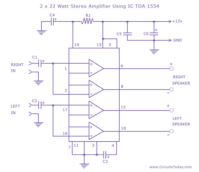 2 X 22 Watt Stereo Amplifier Circuit using IC TDA 1554 circuit