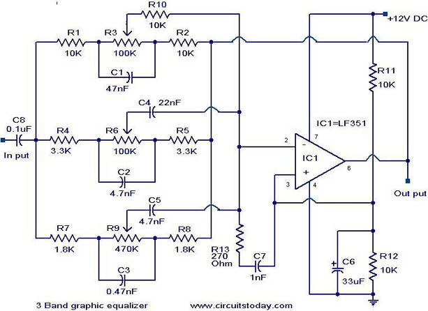 3 Band graphic equalizer circuit – Circuit Schematic