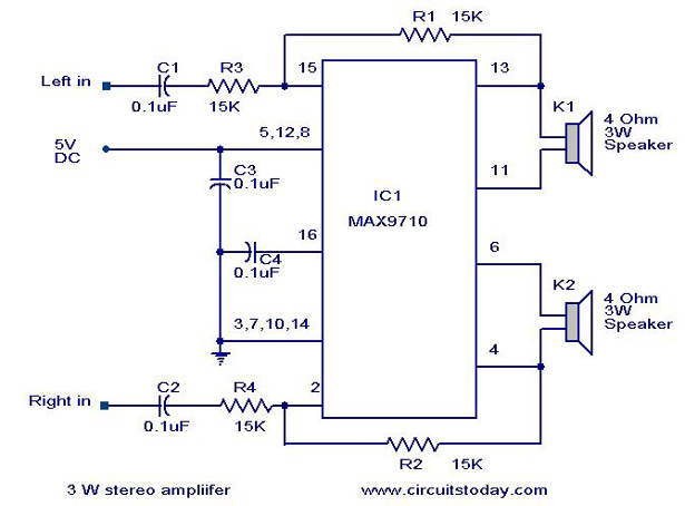 3 W Stereo amplifier using MAX 7910-Audio power amplifier circuit