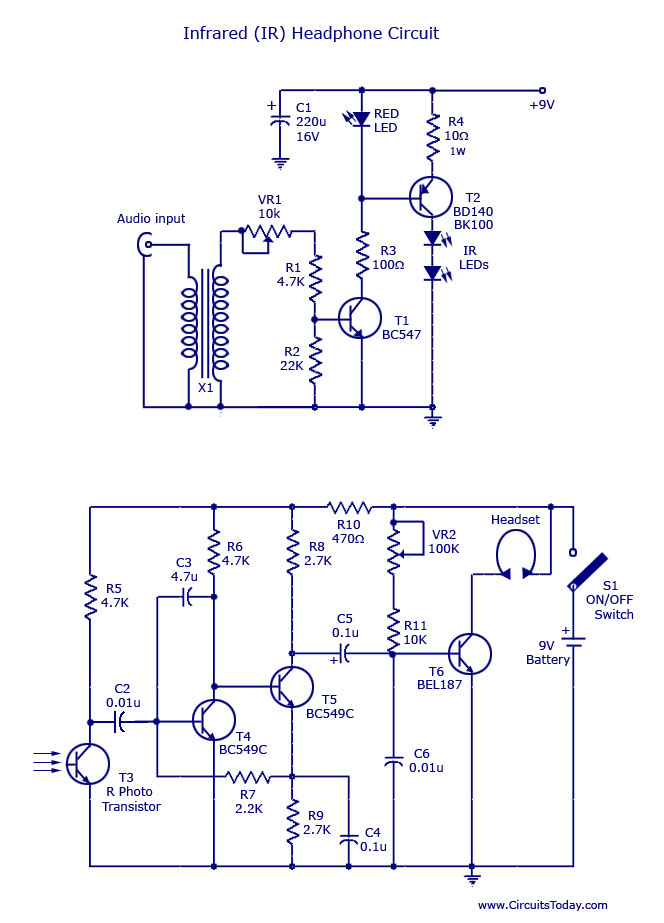IR Headset Circuit with headphone Transmitter and Receiver diagram – Circuit Schematic