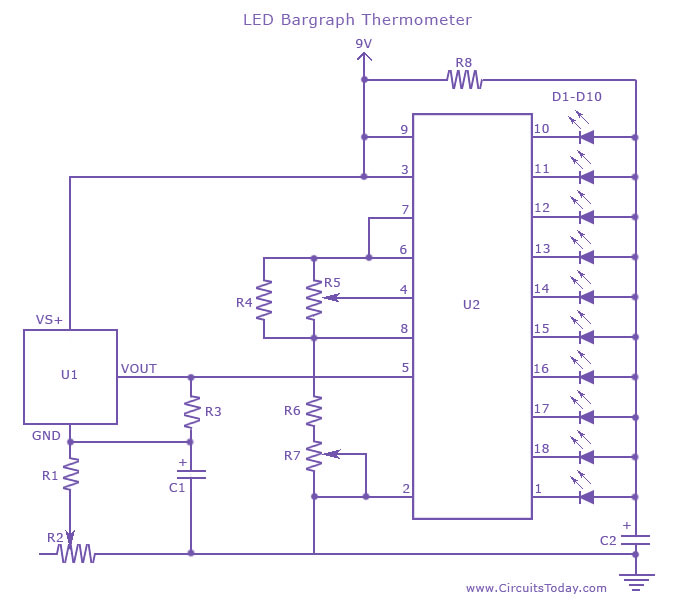 LED Thermometer-Temperature Measurement Circuit using LM 34 IC – Circuit Schematic