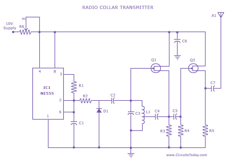 Radio Collar Transmitter Circuit using NE 555 IC – Circuit Schematic