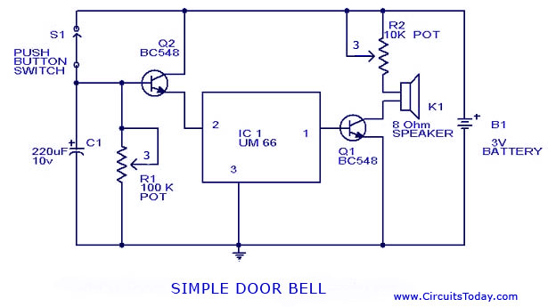 Doorbell Circuit with Diagram and Schematic using UM 66 IC – Circuit Schematic