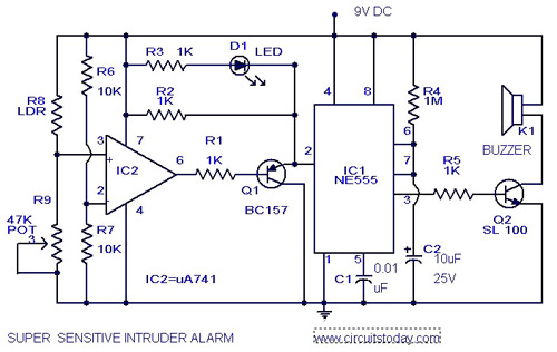Sensitive Intruder AlarmCircuit using 555 IC and 741 IC