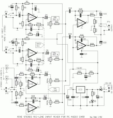 mini stereo mixer mic line for pc audio card – Circuit Schematic