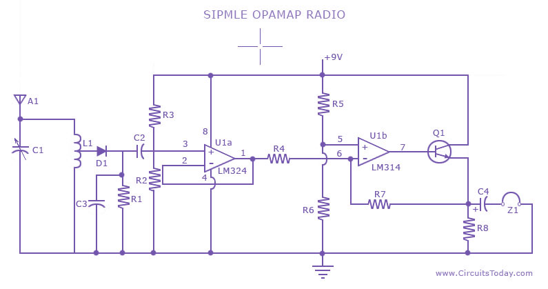 Simple Radio Circuit using Op Amp – Circuit Schematic