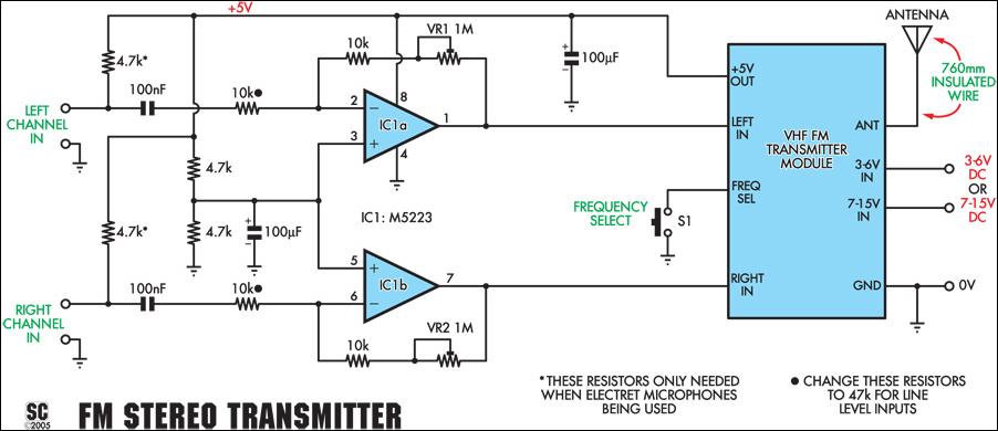 quality stereo wireless microphone or audio link – Circuit Schematic