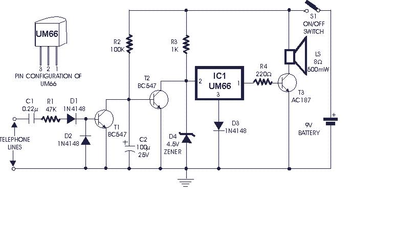 soft musical telephone ringer – Circuit Schematic
