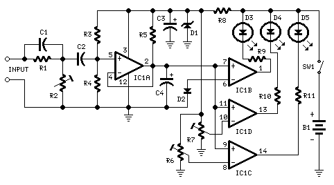 three level audio power indicator circuit