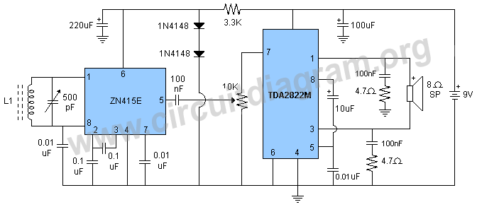 zn415 am radio with tda2822m amplifier circuit