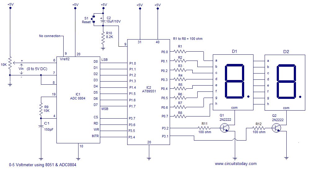 Digital voltmeter using 8051 microcontroller AT89S51 with circuit diagram and software circuit