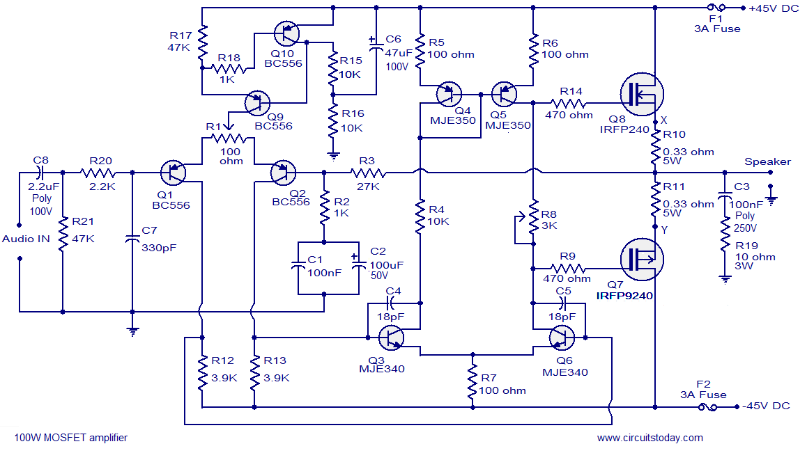 100W MOSFET power amplifier circuit using IRFP240 IRFP9240 circuit