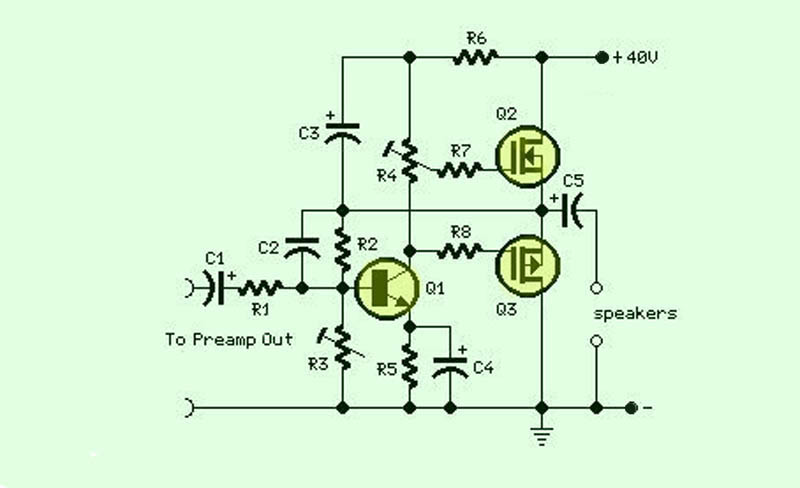 18 W MOSFET Amplifier Circuit With BC550C Transistor circuit