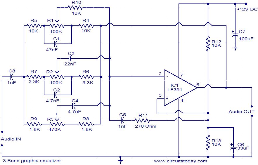 3 Band graphic equalizer circuit – Circuit Schematic