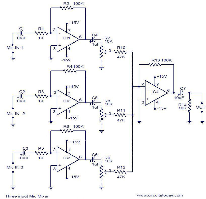 3 Input mic mixer circuit – Circuit Schematic