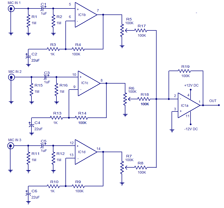 3 input microphone preamplifier – Circuit Schematic