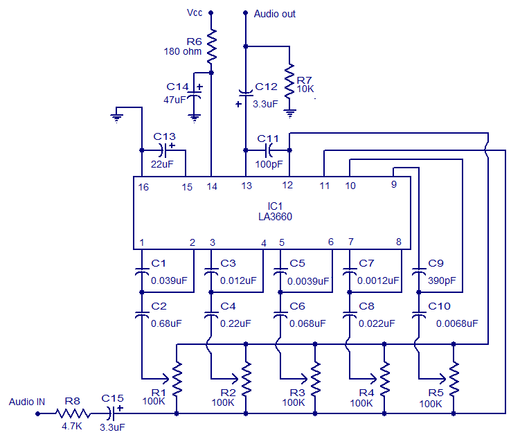 5 band graphic equalizer using LA3600 – Circuit Schematic