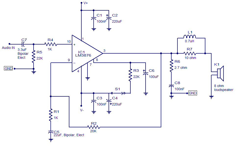50 watt audio amplifier based on LM3876 circuit