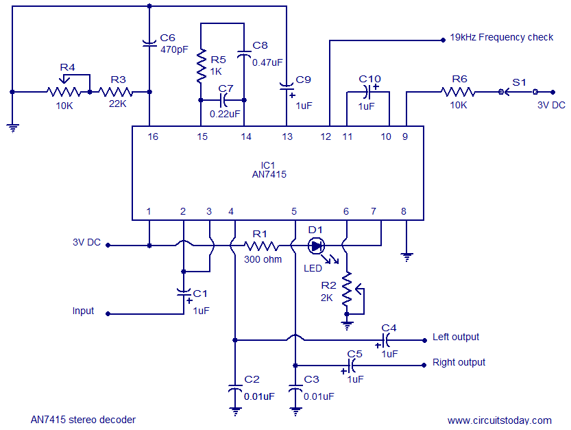 FM stereo demodulator circuit based on AN7415. 3V operation good channel seperation – Circuit Schematic