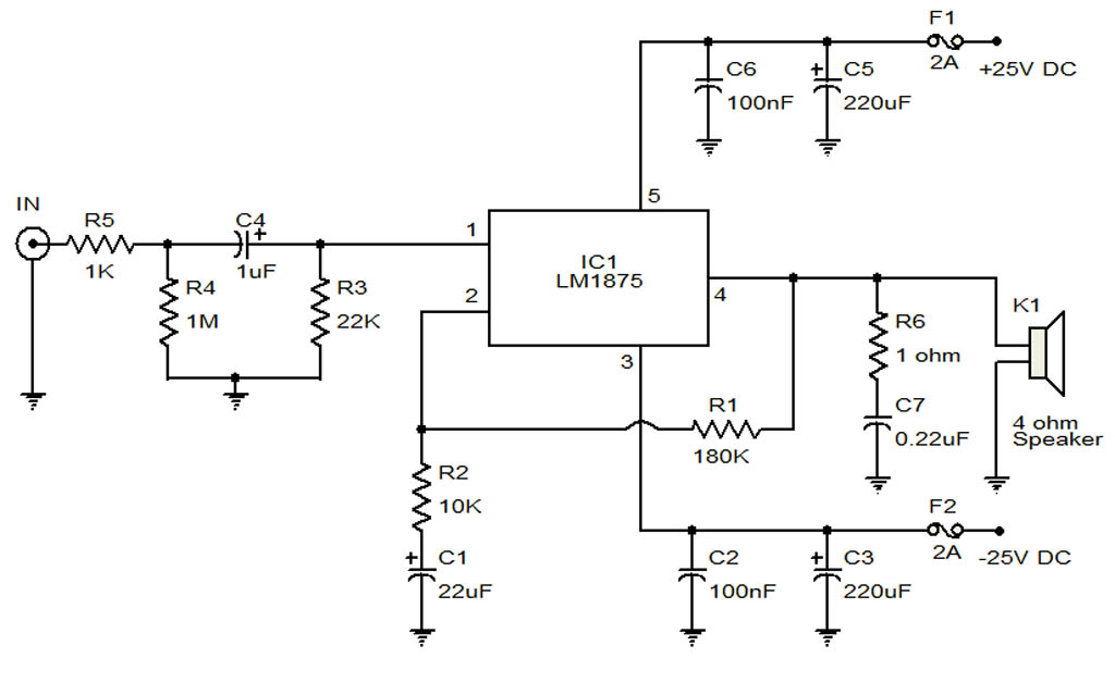 LM1875 IC For 20Watt Audio Amplifier Circuit – Circuit Schematic