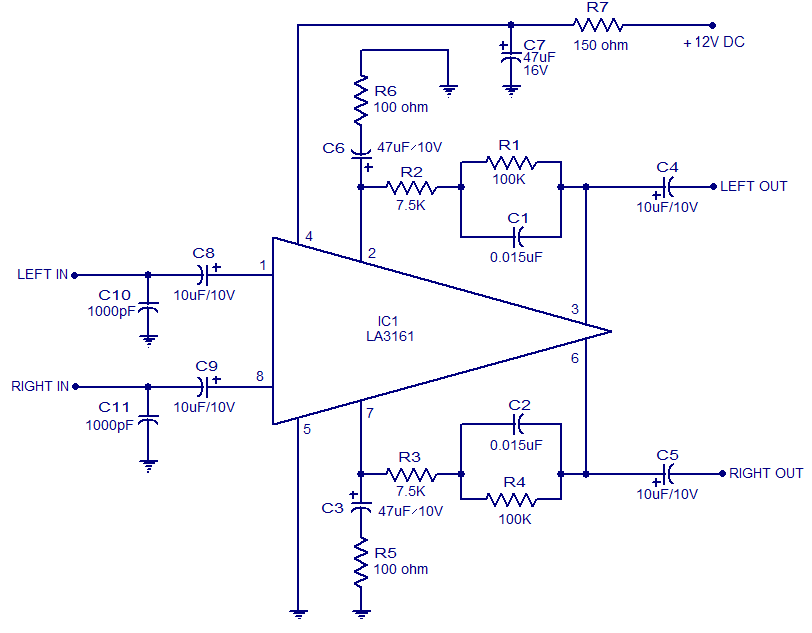LA3161 Stereo Preamplifier for car stereo 12V operation – Circuit Schematic
