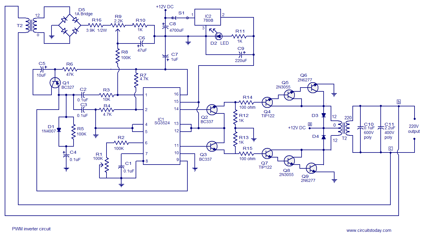 PWM inverter circuit based on SG3524  12V input 220V output 250W circuit