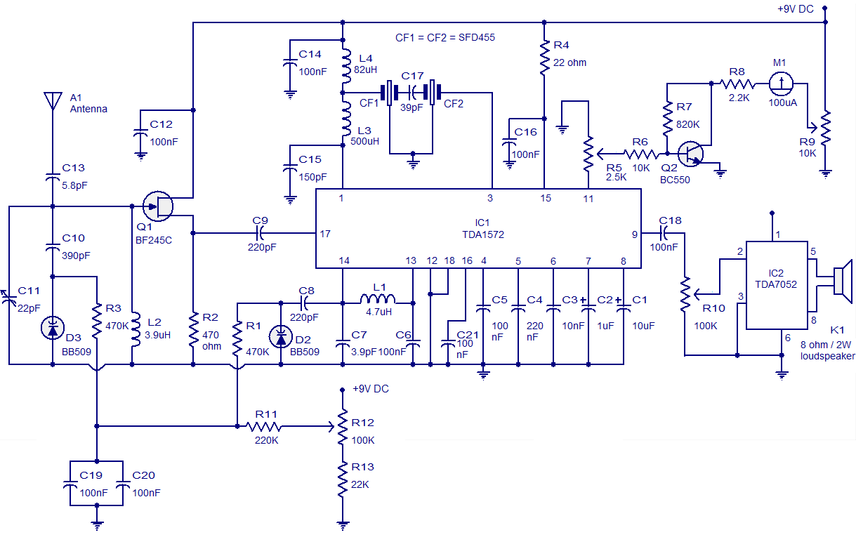 AM radio circuit based on TDA1572. 9V operation2W output – Circuit Schematic