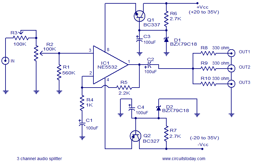 3 channel audio splitter – Circuit Schematic