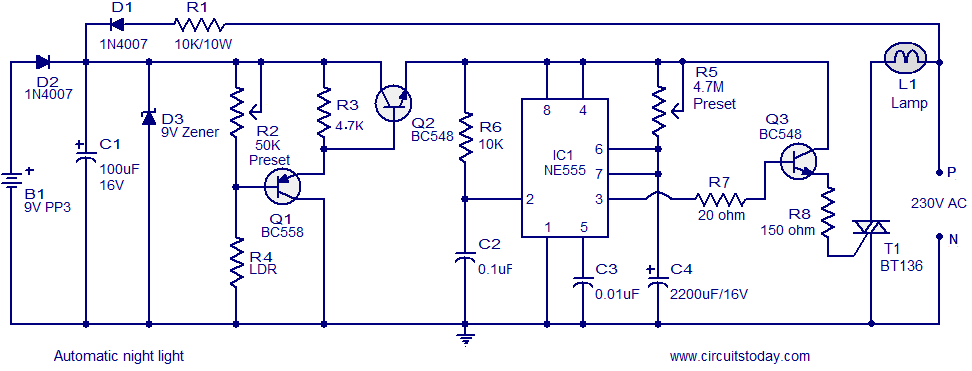 Automatic night light circuit that switches off after a preset time circuit