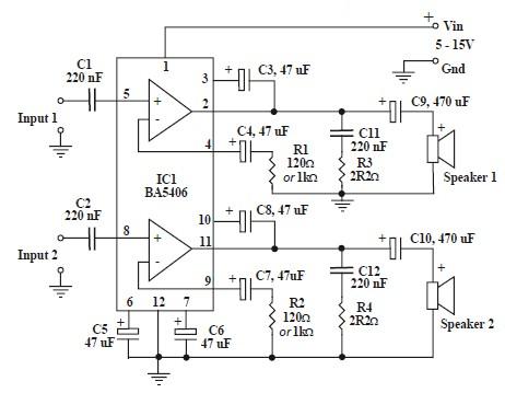 Stereo Audio Amplifier With BA5406 IC – Circuit Schematic