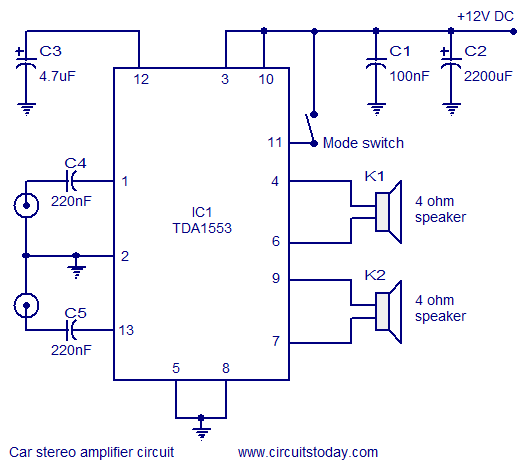 Car Stereo Amplifier Diagram and Schematics using TDA1553 IC – Circuit Schematic