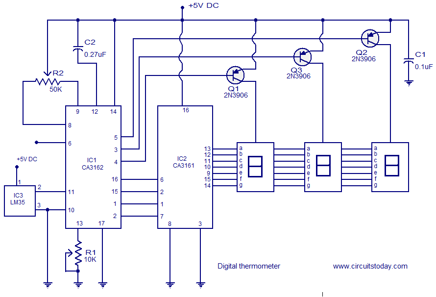 Digital thermometer circuit based on CA3162 CA3162 and LM35 – Circuit Schematic