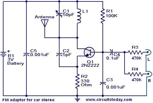 FM adaptor circuit for car stereo circuit