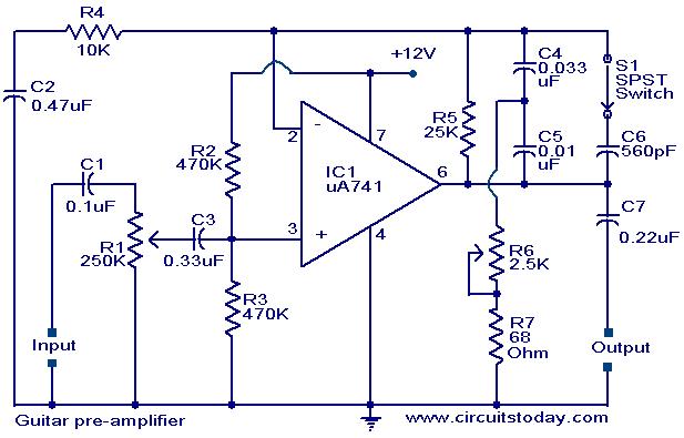 Guitar pre-amplifier using uA 741 circuit