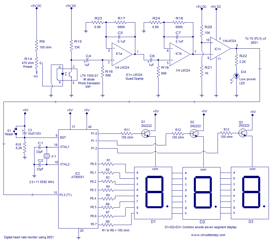 Heart rate monitor using 8051 microcontroller .measures the heart rate from finger tip – Circuit Schematic