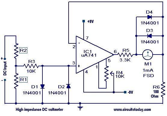 High impedance DC voltmeter – Circuit Schematic