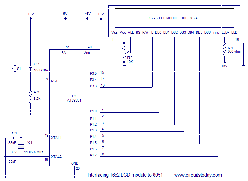 Interfacing 16x2 LCD with 8051 microcontroller LCD module theory circuit diagram and program in assembly language circuit