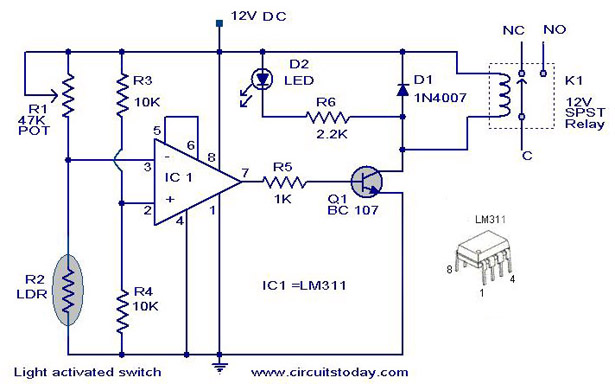 Light Activated SwitchCircuit Based On The LM311 IC circuit