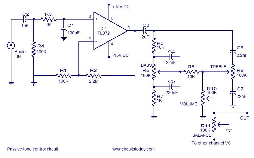 A quality tone control circuit using opamp and few passive components – Circuit Schematic
