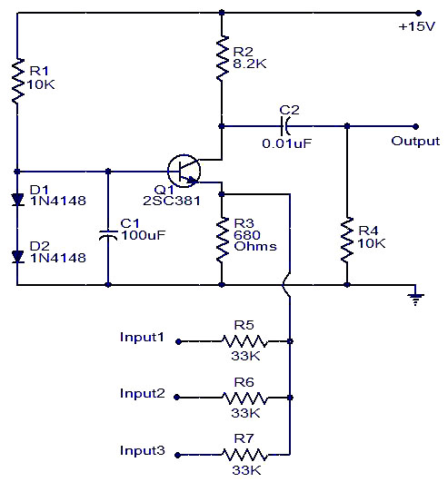 Single transistor audio mixer – Circuit Schematic